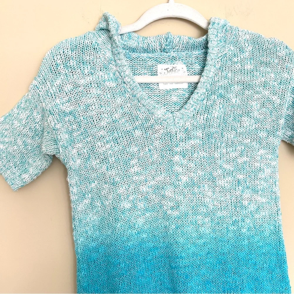 Justice Girl’s Ombre Aqua Blue & White Knit V-Neck Short Sleeve Sweater Hoodie